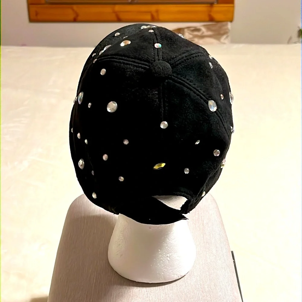 Black Suede Rhinestone Studded Baseball Cap. NWOT. One size fits all. Leather.